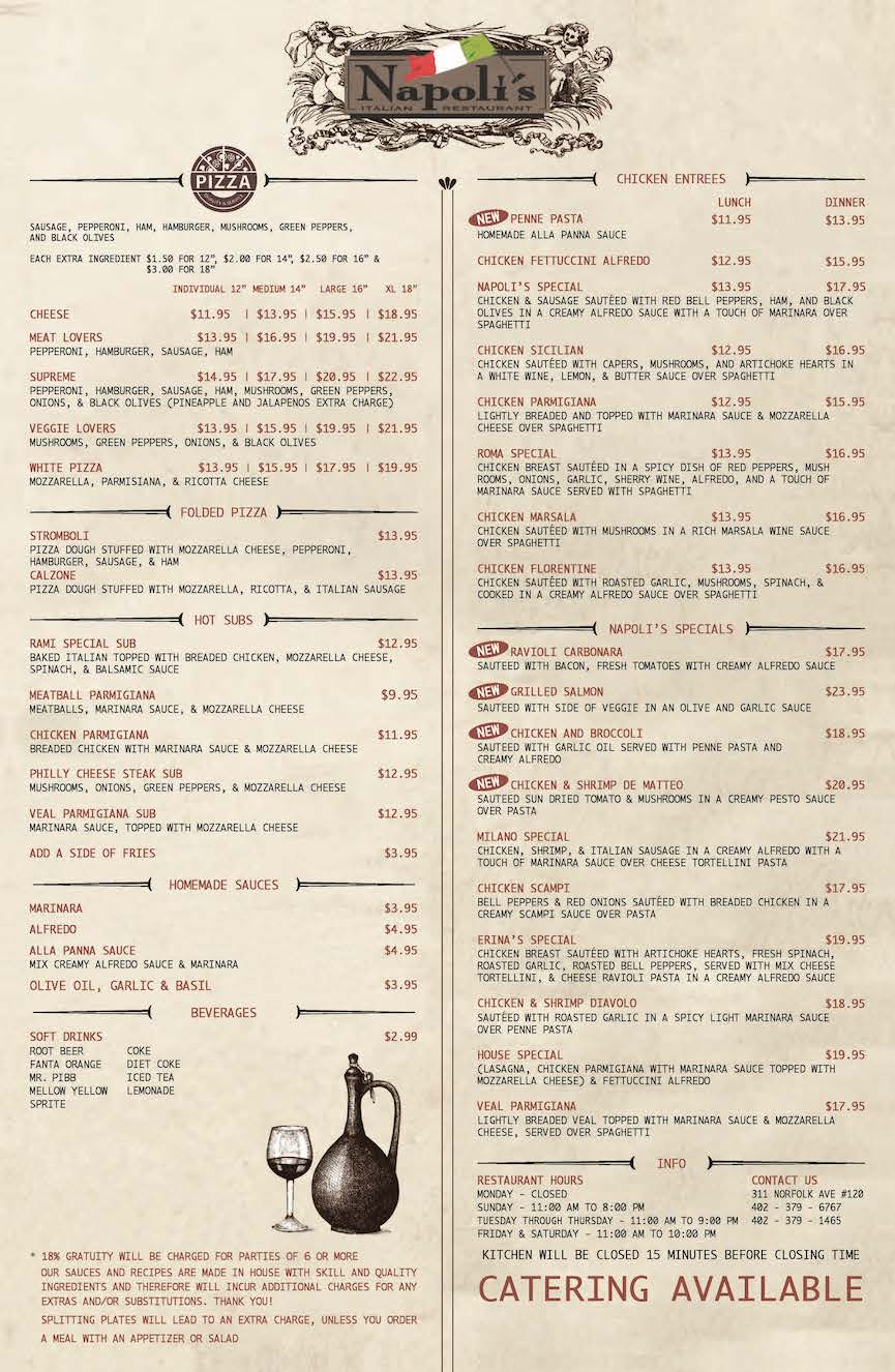 Napoli's Italian Restaurant - Menu Back